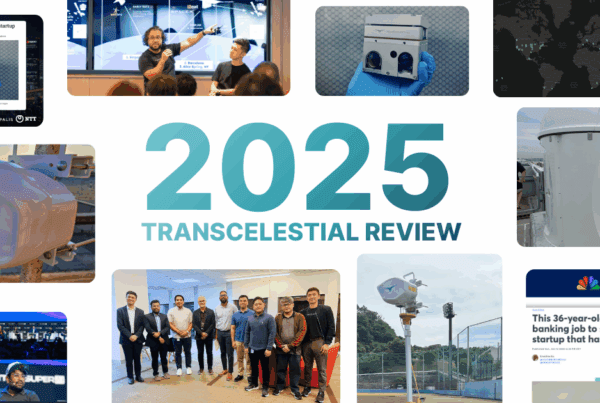 Transcelestial 2025 recap image showing laser communication deployments, space missions, telecom partnerships, and global expansion.
