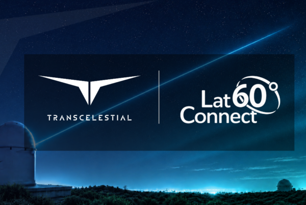 Optical ground station transmitting a laser communication beam into the night sky, representing high-speed space-to-ground optical connectivity. Transcelestial and Latconnect 60 partner to utilize the optical space network